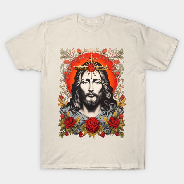 Vintage Retro Jesus Lithograph Portrait T-Shirt by AI Art Originals